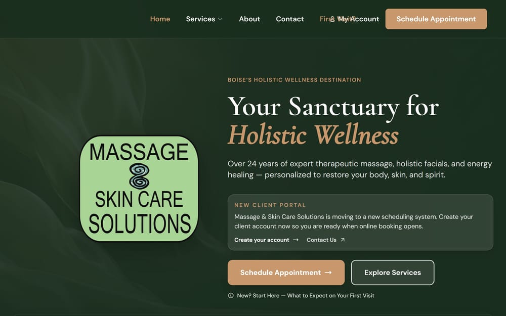 Massage & Skin Care Solutions website, designed and built by Drawn In Code