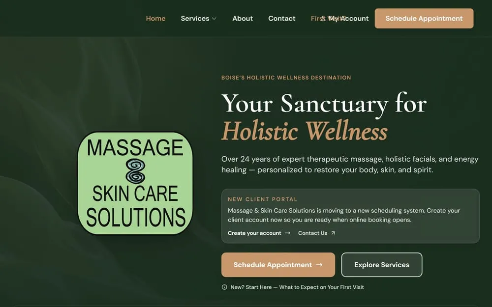 Massage & Skin Care Solutions website, designed and built by Drawn In Code